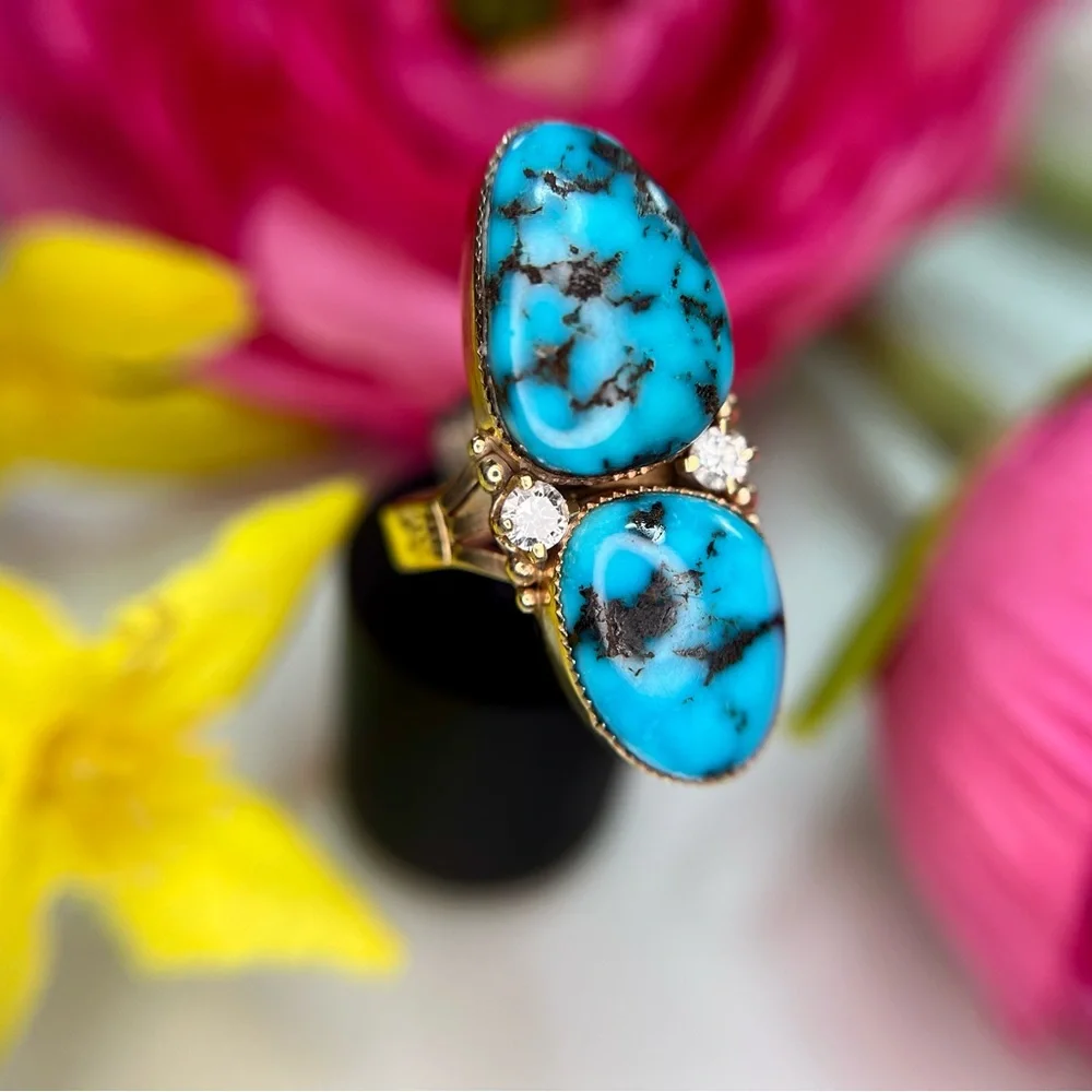 Vintage 14k Yellow Gold Turquoise Diamond Ring - Picture 4 of 15